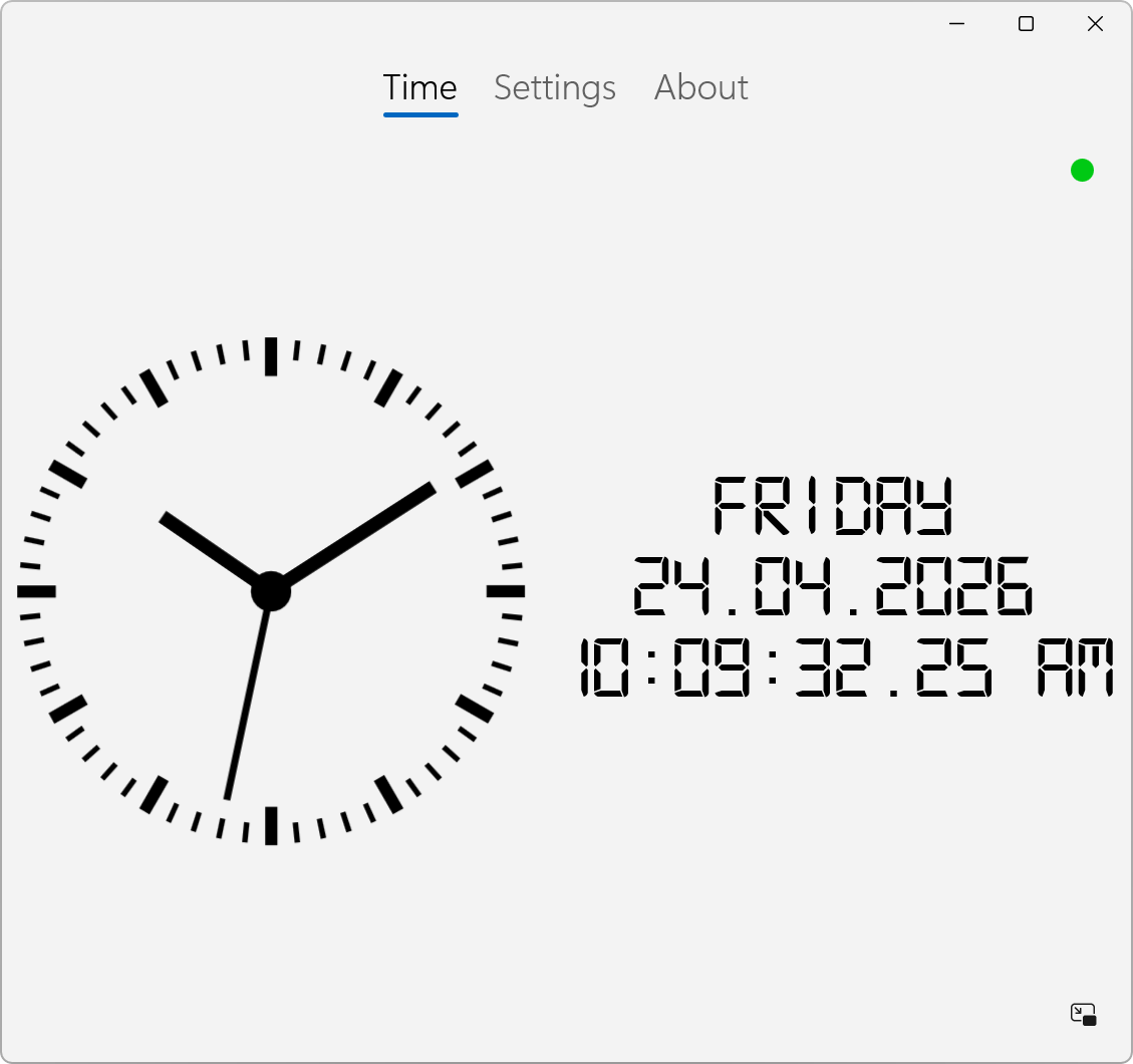AtomicClock Windows app showing an analog clock, date, weekday and precise time